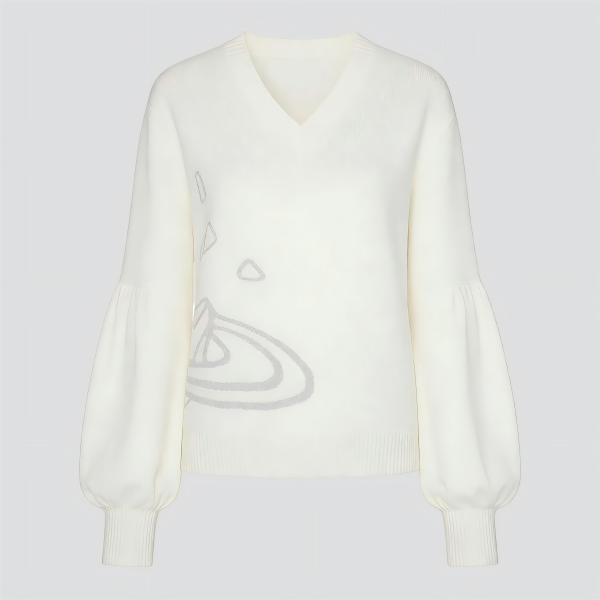 Women's White V-Neck Lantern Sleeve Knit Top with Cartoon Face Graphic